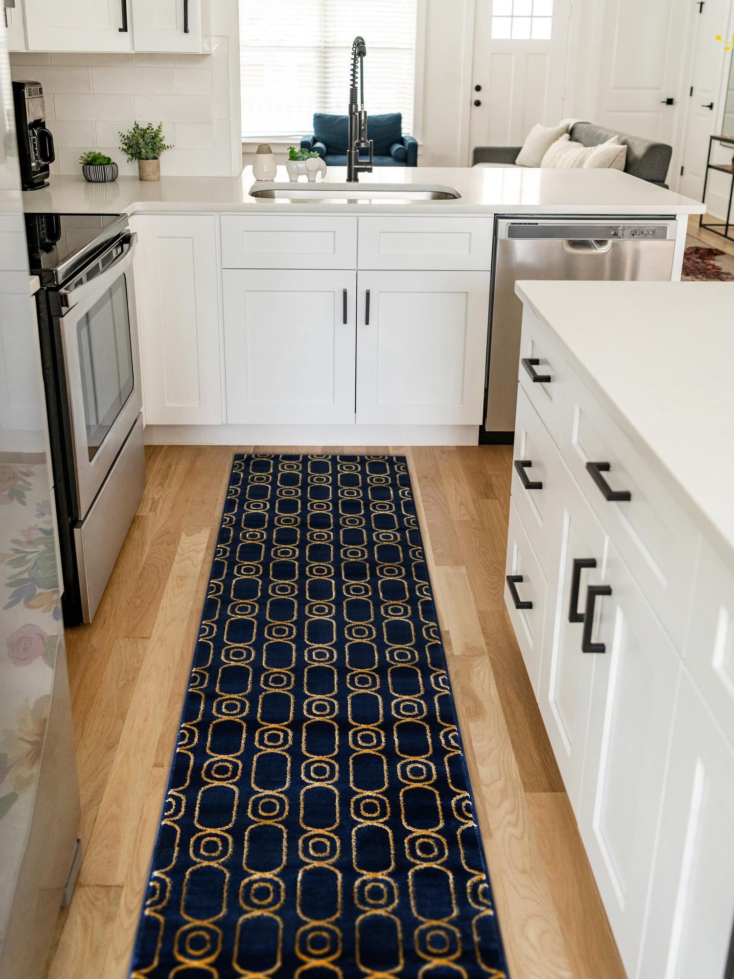 Navy Blue and Gold 2' x 5' 1 Vogue Geo Runner Area Rug Geometric Glam Style Shiny Accents Carpet Mat for Unique Interior Design & Home Decor for Sale at Rug Engine