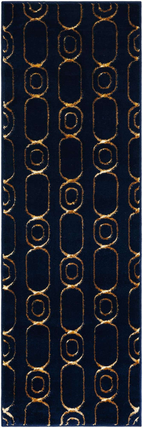 Navy Blue and Gold 2' x 6' 1 Vogue Geo Runner Area Rug Geometric Glam Style Shiny Accents Carpet Mat for Unique Interior Design & Home Decor for Sale at Rug Engine