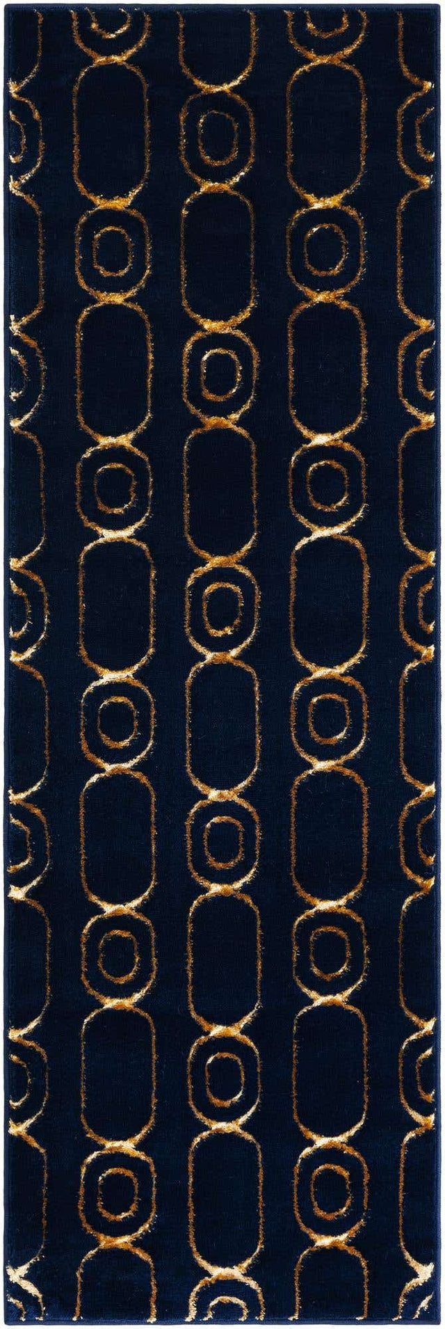 Navy Blue and Gold 2' x 6' 1 Vogue Geo Runner Area Rug Geometric Glam Style Shiny Accents Carpet Mat for Unique Interior Design & Home Decor for Sale at Rug Engine