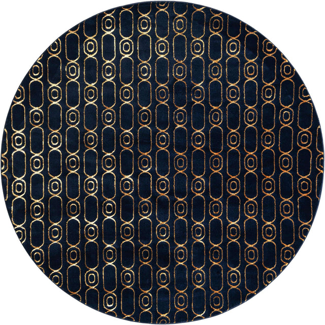 Navy Blue and Gold 7' 10 x 7' 10 Vogue Geo Round Area Rug Geometric Glam Style Shiny Accents Carpet Mat for Unique Interior Design & Home Decor for Sale at Rug Engine
