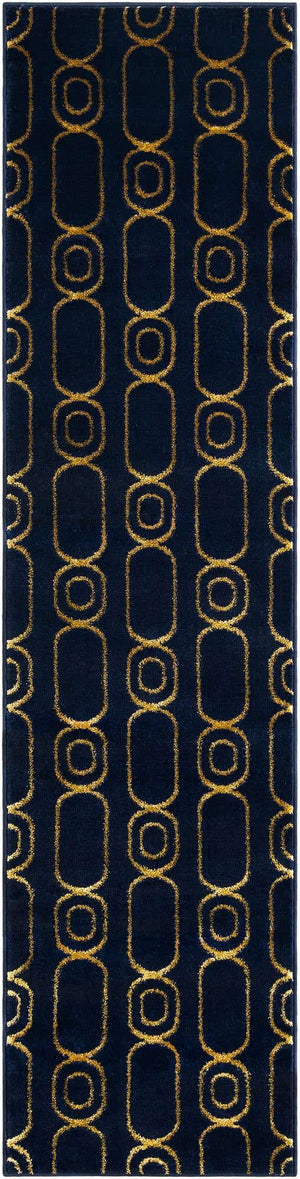 Navy Blue and Gold 2' x 8' Vogue Geo Runner Area Rug Geometric Glam Style Shiny Accents Carpet Mat for Unique Interior Design & Home Decor for Sale at Rug Engine