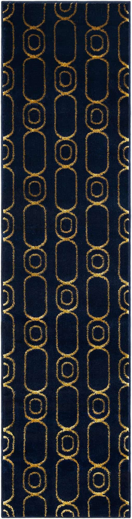 Navy Blue and Gold 2' x 8' Vogue Geo Runner Area Rug Geometric Glam Style Shiny Accents Carpet Mat for Unique Interior Design & Home Decor for Sale at Rug Engine