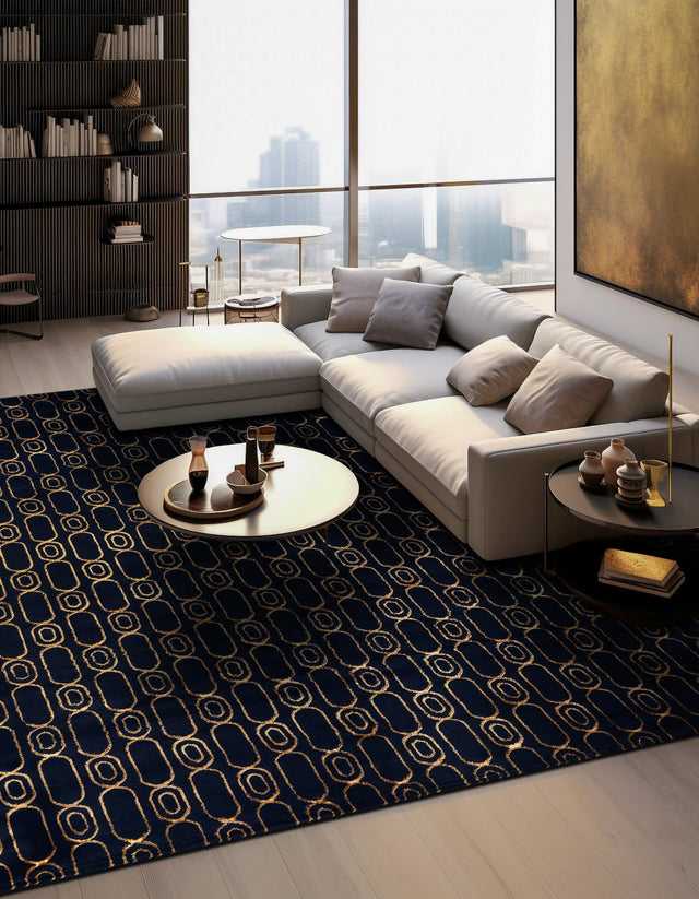 Navy Blue and Gold 7' 10 x 7' 10 Vogue Geo Square Area Rug Geometric Glam Style Shiny Accents Carpet Mat for Unique Interior Design & Home Decor for Sale at Rug Engine