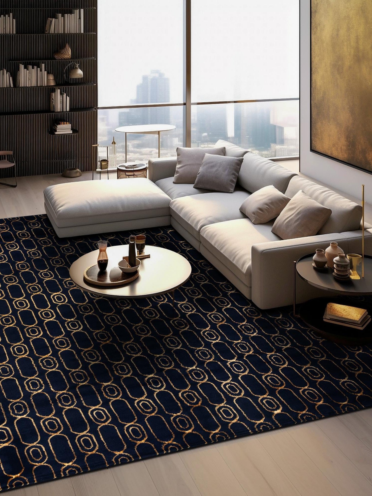 Navy Blue and Gold 10' x 10' Vogue Geo Square Area Rug Geometric Glam Style Shiny Accents Carpet Mat for Unique Interior Design & Home Decor for Sale at Rug Engine