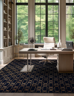 Navy Blue and Gold 7' 10 x 7' 10 Vogue Geo Square Area Rug Geometric Glam Style Shiny Accents Carpet Mat for Unique Interior Design & Home Decor for Sale at Rug Engine