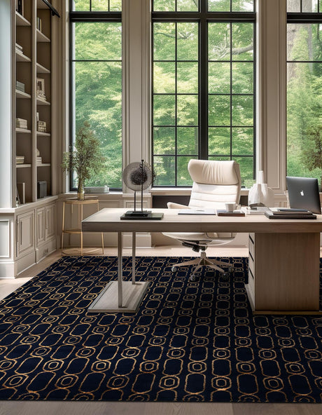 Navy Blue and Gold 7' 10 x 7' 10 Vogue Geo Square Area Rug Geometric Glam Style Shiny Accents Carpet Mat for Unique Interior Design & Home Decor for Sale at Rug Engine