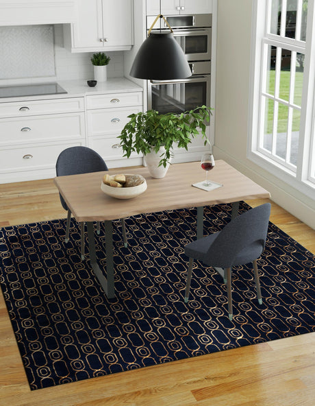 Navy Blue and Gold 7' 10 x 7' 10 Vogue Geo Square Area Rug Geometric Glam Style Shiny Accents Carpet Mat for Unique Interior Design & Home Decor for Sale at Rug Engine