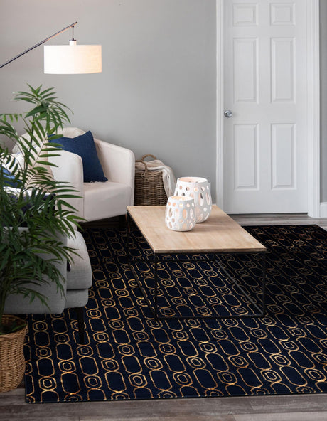 Navy Blue and Gold 7' 10 x 7' 10 Vogue Geo Square Area Rug Geometric Glam Style Shiny Accents Carpet Mat for Unique Interior Design & Home Decor for Sale at Rug Engine