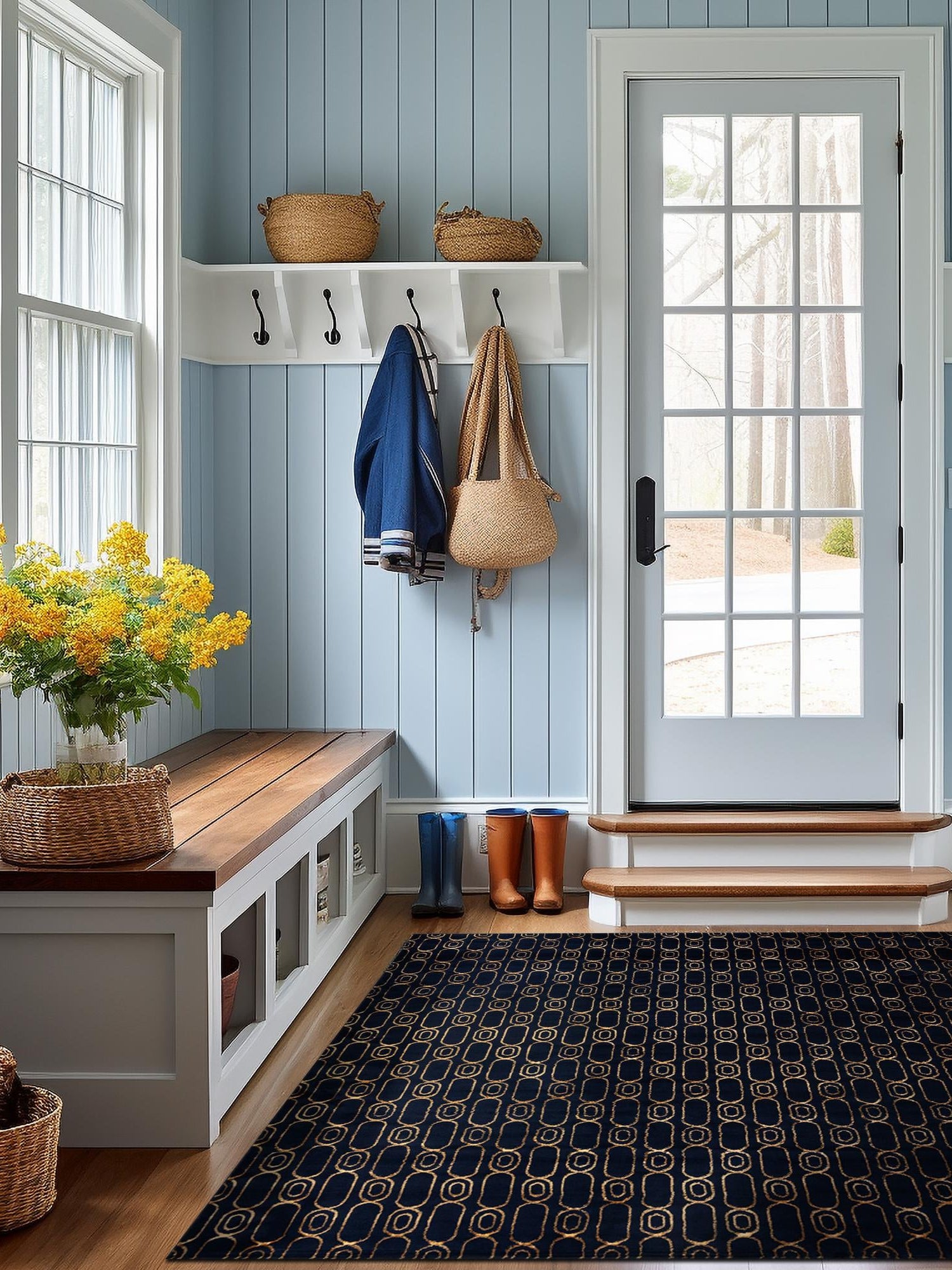 Navy Blue and Gold 10' x 10' Vogue Geo Square Area Rug Geometric Glam Style Shiny Accents Carpet Mat for Unique Interior Design & Home Decor for Sale at Rug Engine