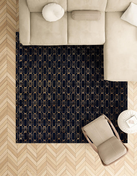 Navy Blue and Gold 7' 10 x 7' 10 Vogue Geo Square Area Rug Geometric Glam Style Shiny Accents Carpet Mat for Unique Interior Design & Home Decor for Sale at Rug Engine