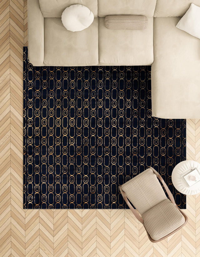 Navy Blue and Gold 7' 10 x 7' 10 Vogue Geo Square Area Rug Geometric Glam Style Shiny Accents Carpet Mat for Unique Interior Design & Home Decor for Sale at Rug Engine