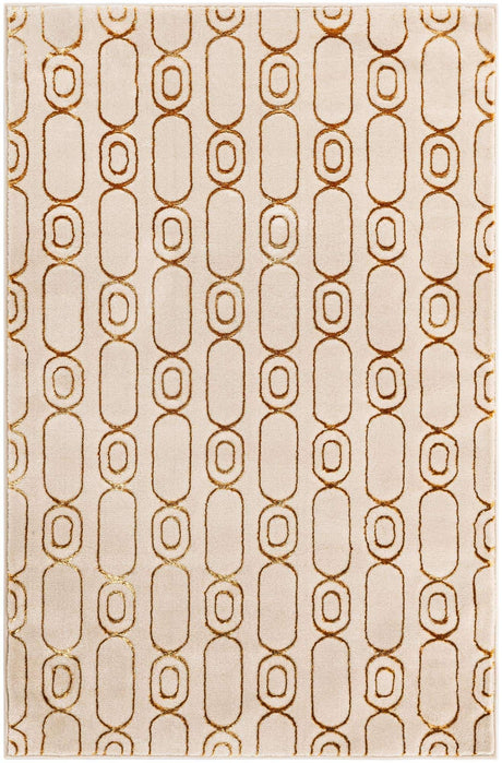 White and Gold 4' 1 x 6' 1 Vogue Geo Rectangle Area Rug Geometric Glam Style Shiny Accents Carpet Mat for Unique Interior Design & Home Decor for Sale at Rug Engine