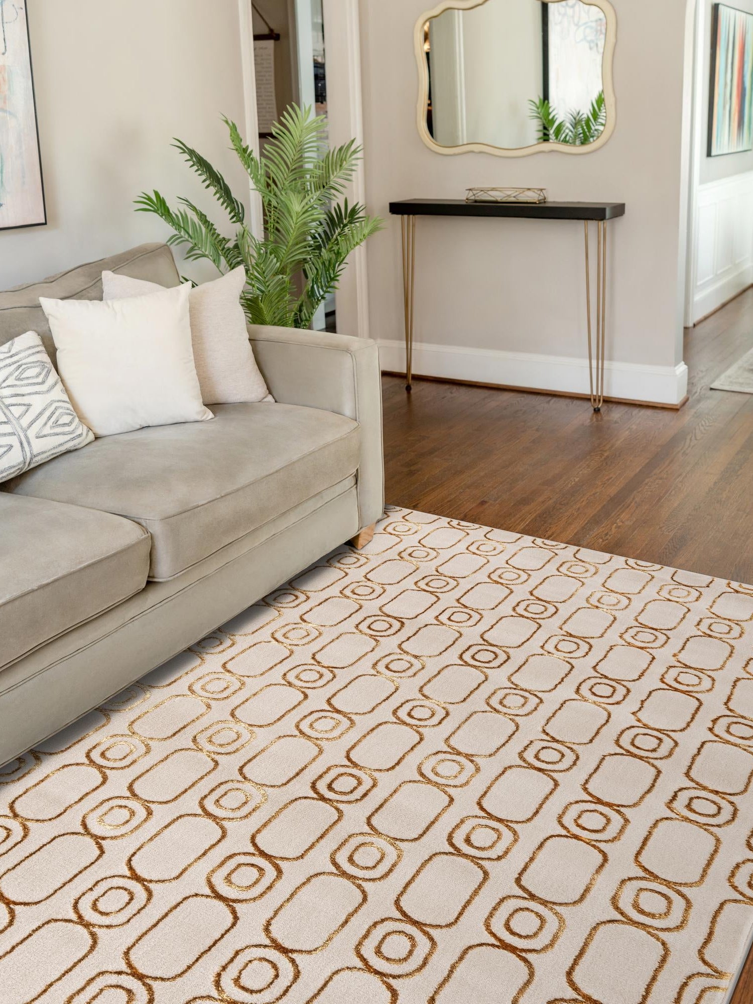 White and Gold 2' x 3' 1 Vogue Geo Rectangle Area Rug Geometric Glam Style Shiny Accents Carpet Mat for Unique Interior Design & Home Decor for Sale at Rug Engine