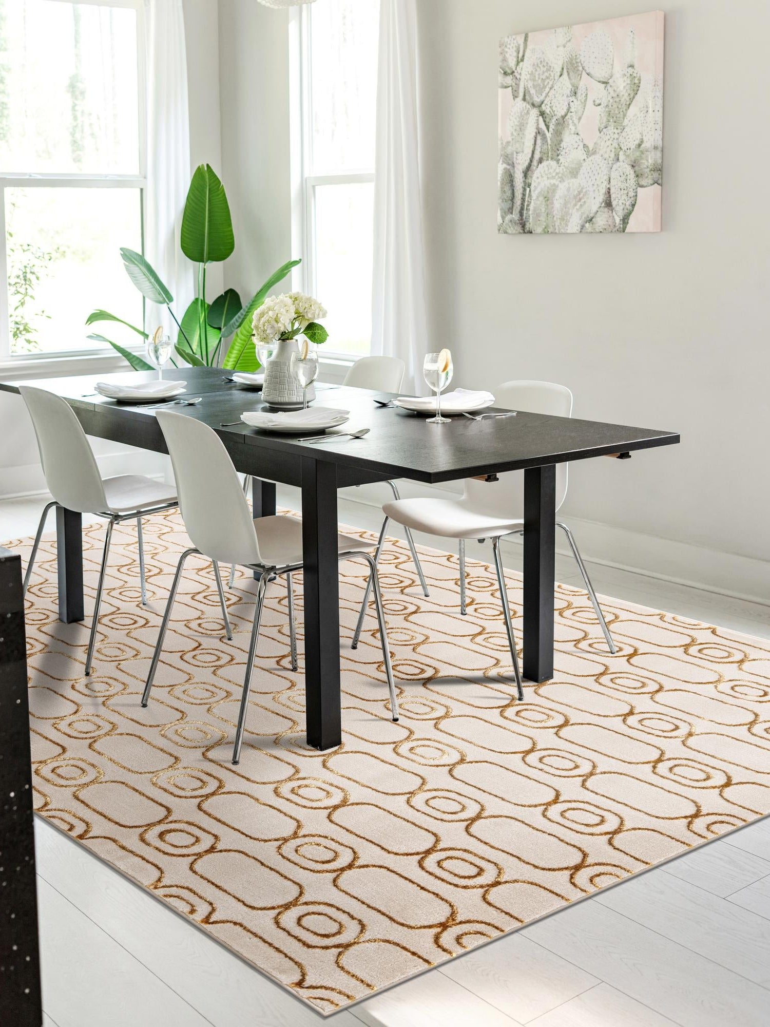 White and Gold 5' 3 x 8' Vogue Geo Rectangle Area Rug Geometric Glam Style Shiny Accents Carpet Mat for Unique Interior Design & Home Decor for Sale at Rug Engine