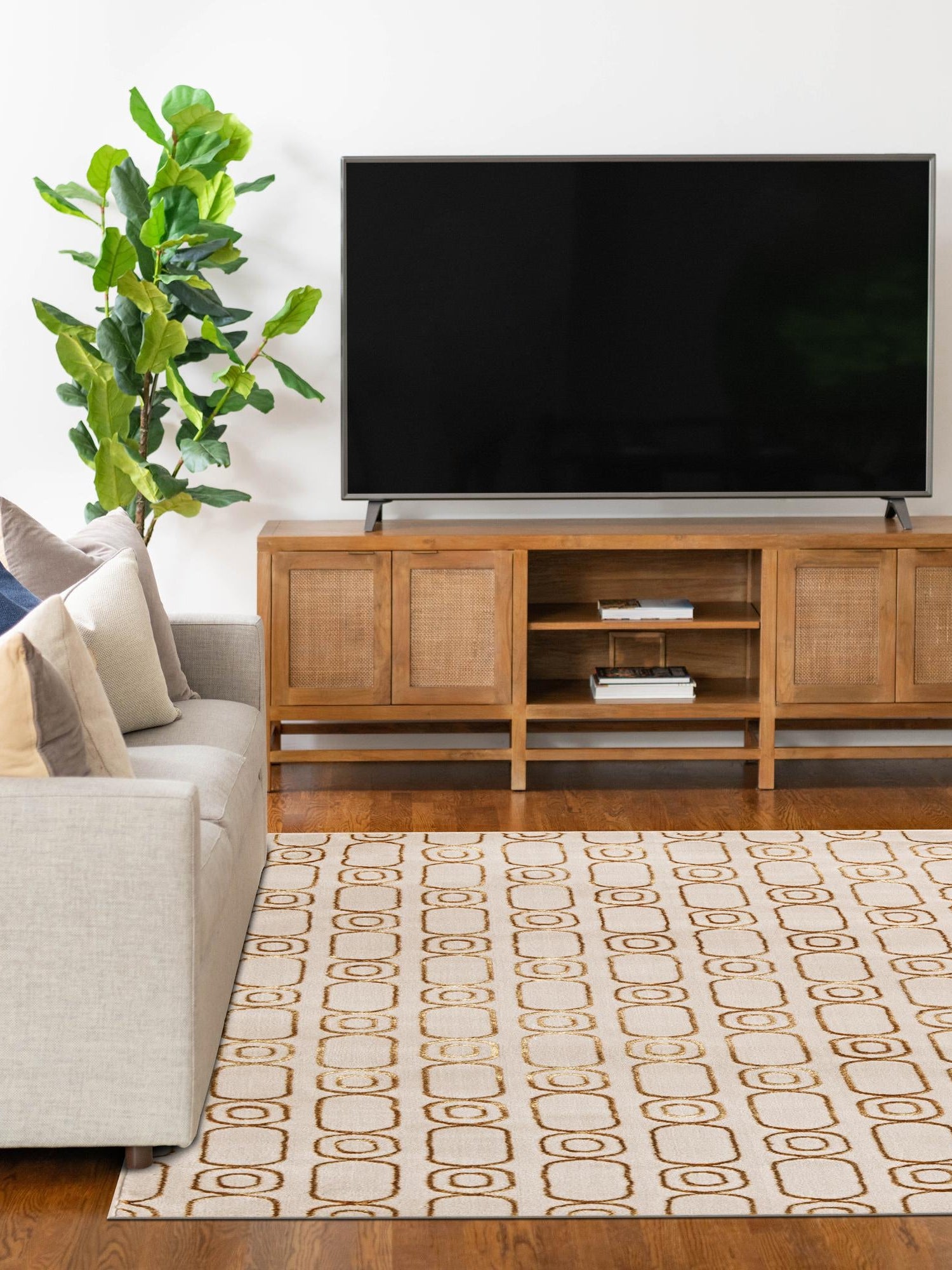 White and Gold 5' 3 x 7' 1 Vogue Geo Rectangle Area Rug Geometric Glam Style Shiny Accents Carpet Mat for Unique Interior Design & Home Decor for Sale at Rug Engine
