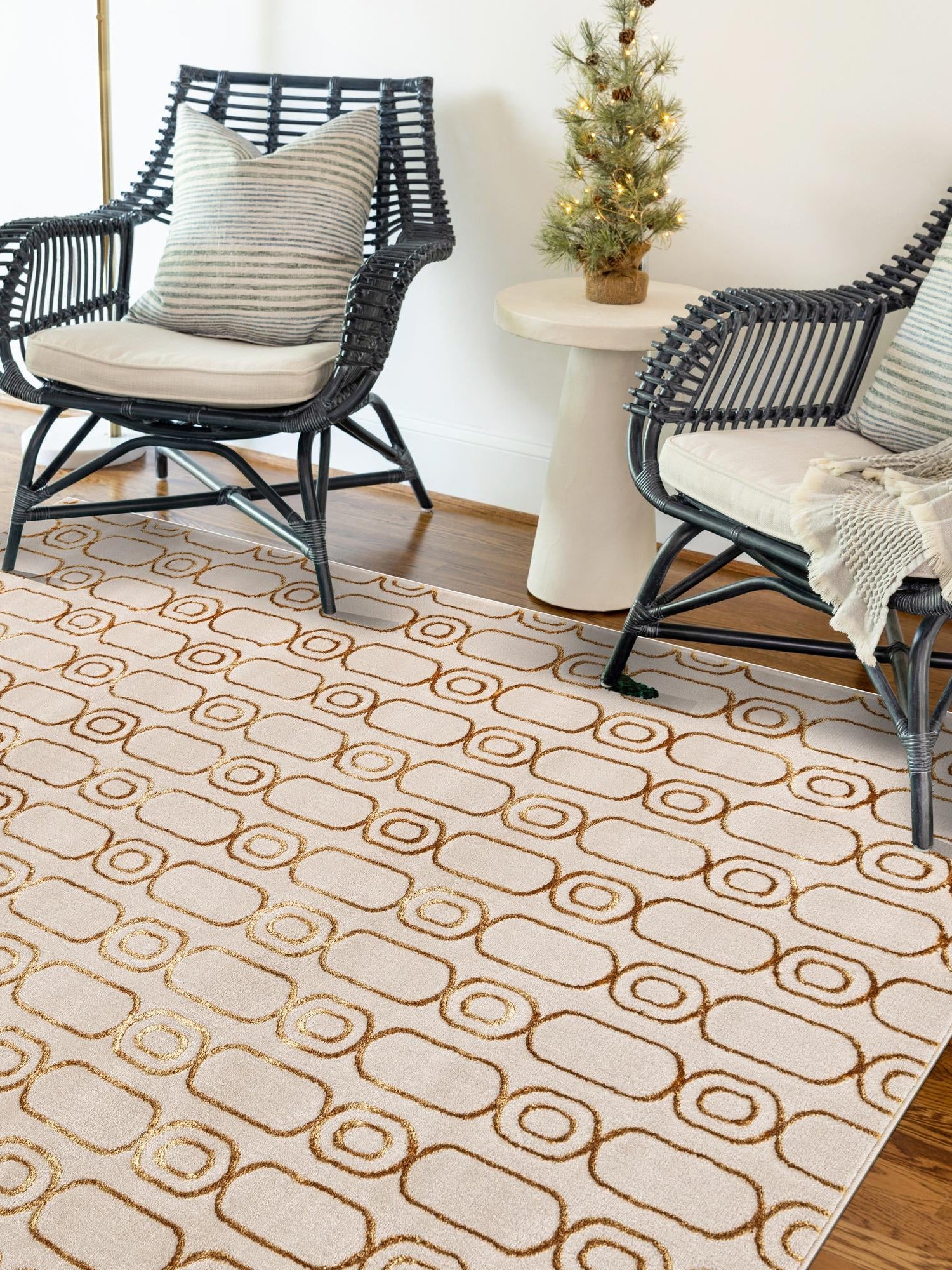 White and Gold 5' 3 x 8' Vogue Geo Rectangle Area Rug Geometric Glam Style Shiny Accents Carpet Mat for Unique Interior Design & Home Decor for Sale at Rug Engine