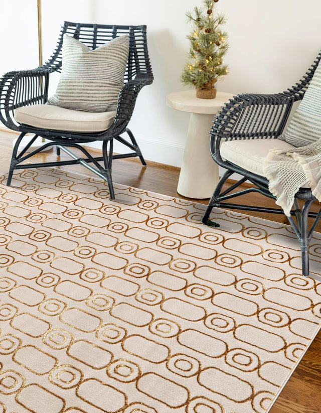 White and Gold 5' 3 x 8' Vogue Geo Rectangle Area Rug Geometric Glam Style Shiny Accents Carpet Mat for Unique Interior Design & Home Decor for Sale at Rug Engine