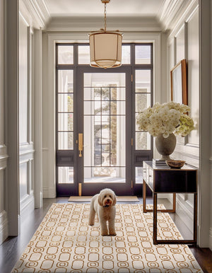 White and Gold 6' 1 x 9' Vogue Geo Rectangle Area Rug Geometric Glam Style Shiny Accents Carpet Mat for Unique Interior Design & Home Decor for Sale at Rug Engine