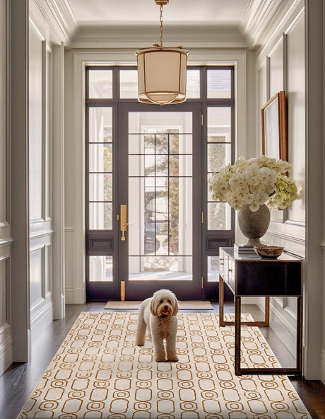 White and Gold 6' 1 x 9' Vogue Geo Rectangle Area Rug Geometric Glam Style Shiny Accents Carpet Mat for Unique Interior Design & Home Decor for Sale at Rug Engine