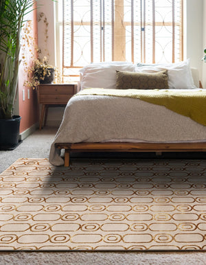White and Gold 6' 1 x 9' Vogue Geo Rectangle Area Rug Geometric Glam Style Shiny Accents Carpet Mat for Unique Interior Design & Home Decor for Sale at Rug Engine