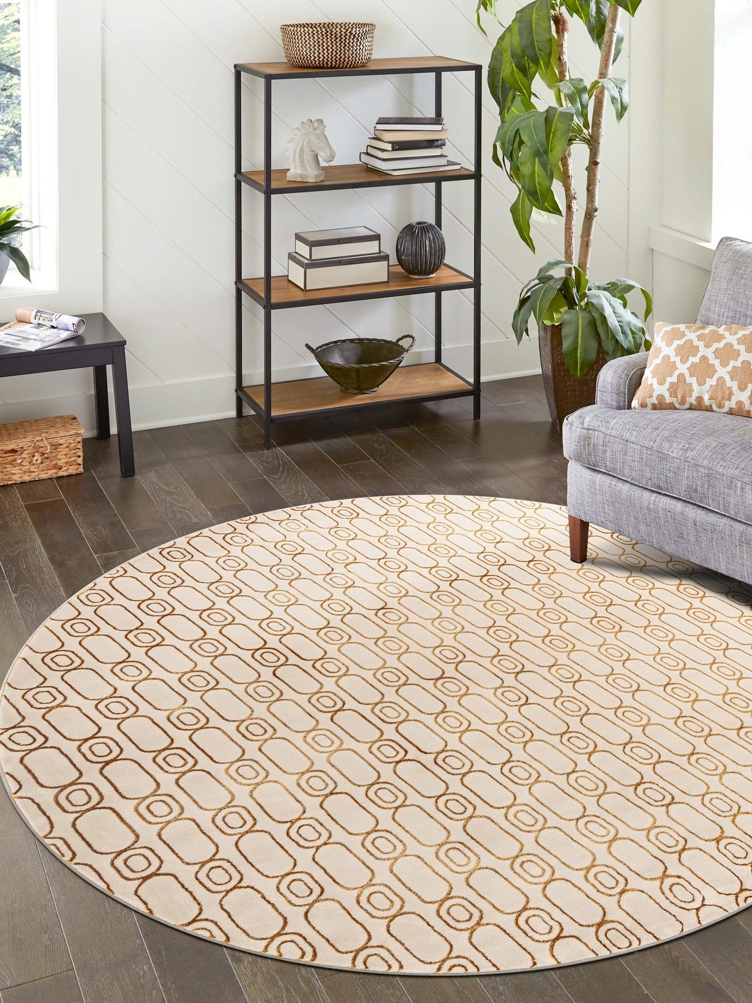 White and Gold 7' 10 x 7' 10 Vogue Geo Round Area Rug Geometric Glam Style Shiny Accents Carpet Mat for Unique Interior Design & Home Decor for Sale at Rug Engine