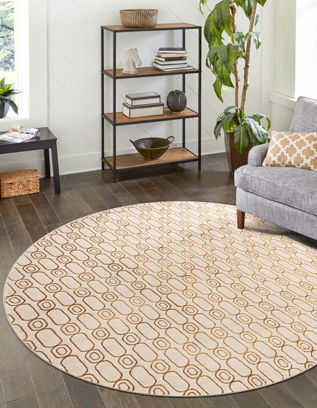 White and Gold 7' 10 x 7' 10 Vogue Geo Round Area Rug Geometric Glam Style Shiny Accents Carpet Mat for Unique Interior Design & Home Decor for Sale at Rug Engine