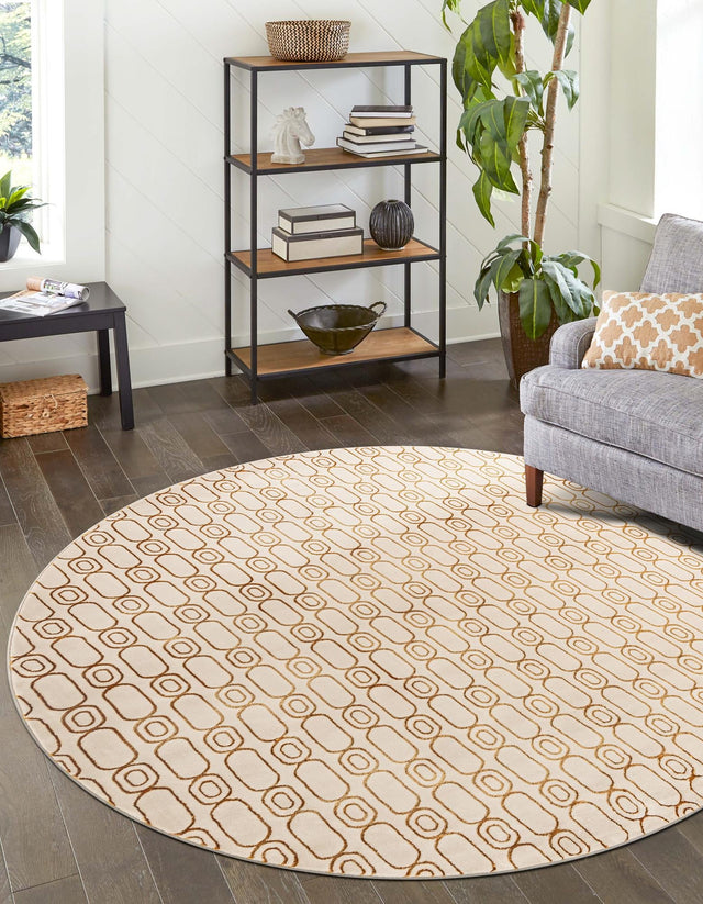 White and Gold 7' 10 x 7' 10 Vogue Geo Round Area Rug Geometric Glam Style Shiny Accents Carpet Mat for Unique Interior Design & Home Decor for Sale at Rug Engine