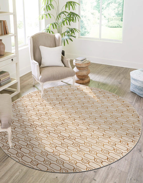 White and Gold 7' 10 x 7' 10 Vogue Geo Round Area Rug Geometric Glam Style Shiny Accents Carpet Mat for Unique Interior Design & Home Decor for Sale at Rug Engine