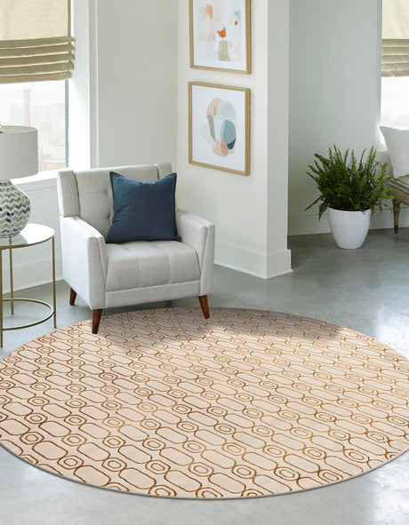 White and Gold 7' 10 x 7' 10 Vogue Geo Round Area Rug Geometric Glam Style Shiny Accents Carpet Mat for Unique Interior Design & Home Decor for Sale at Rug Engine