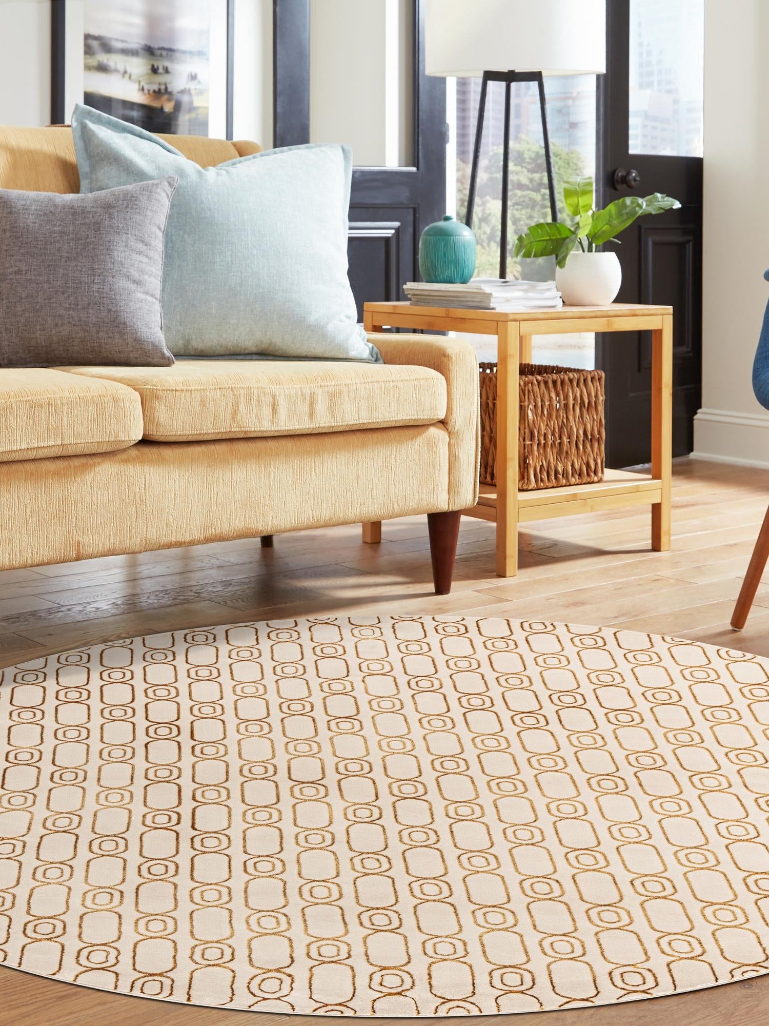 White and Gold 6' 1 x 6' 1 Vogue Geo Round Area Rug Geometric Glam Style Shiny Accents Carpet Mat for Unique Interior Design & Home Decor for Sale at Rug Engine