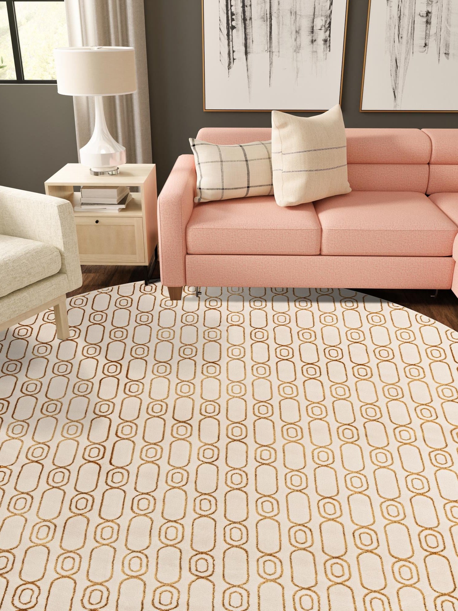 White and Gold 7' 10 x 7' 10 Vogue Geo Round Area Rug Geometric Glam Style Shiny Accents Carpet Mat for Unique Interior Design & Home Decor for Sale at Rug Engine