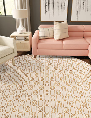 White and Gold 7' 10 x 7' 10 Vogue Geo Round Area Rug Geometric Glam Style Shiny Accents Carpet Mat for Unique Interior Design & Home Decor for Sale at Rug Engine