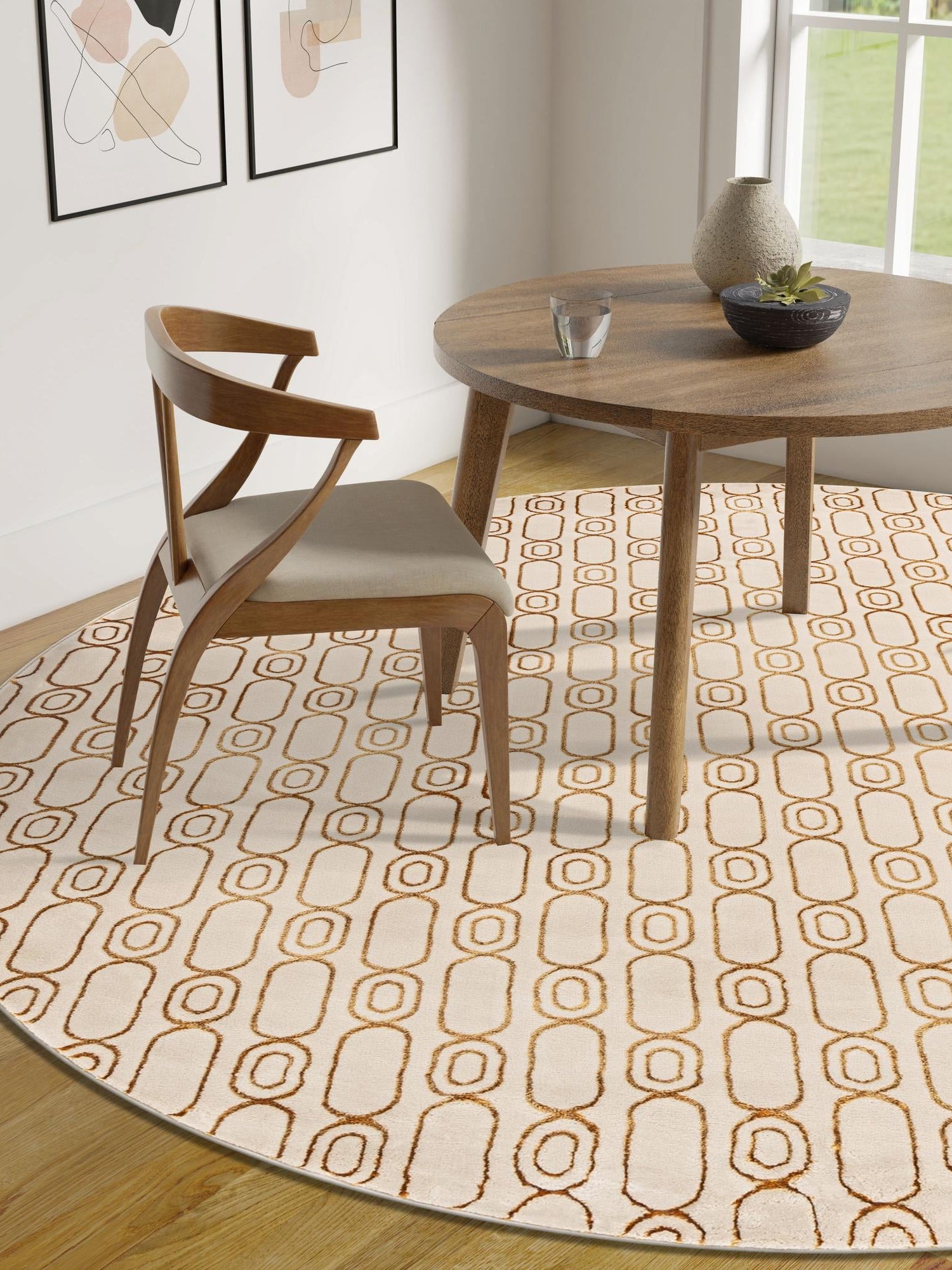 White and Gold 7' 10 x 7' 10 Vogue Geo Round Area Rug Geometric Glam Style Shiny Accents Carpet Mat for Unique Interior Design & Home Decor for Sale at Rug Engine