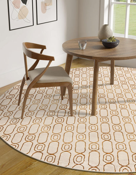 White and Gold 7' 10 x 7' 10 Vogue Geo Round Area Rug Geometric Glam Style Shiny Accents Carpet Mat for Unique Interior Design & Home Decor for Sale at Rug Engine