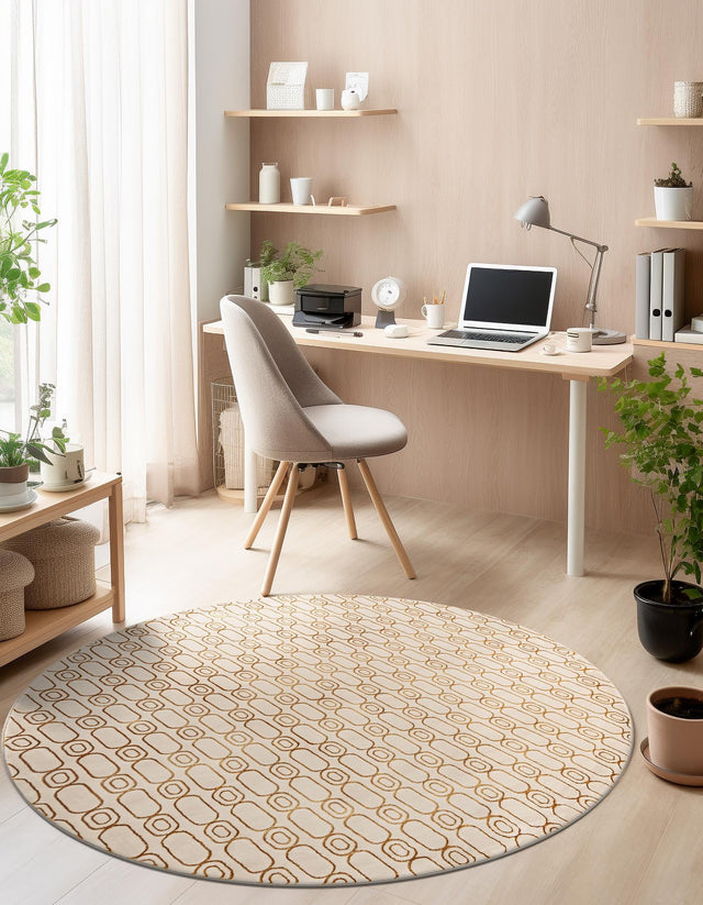White and Gold 6' 1 x 6' 1 Vogue Geo Round Area Rug Geometric Glam Style Shiny Accents Carpet Mat for Unique Interior Design & Home Decor for Sale at Rug Engine