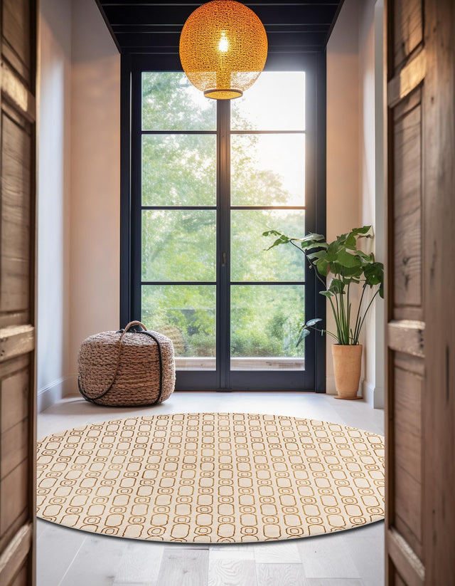 White and Gold 6' 1 x 6' 1 Vogue Geo Round Area Rug Geometric Glam Style Shiny Accents Carpet Mat for Unique Interior Design & Home Decor for Sale at Rug Engine