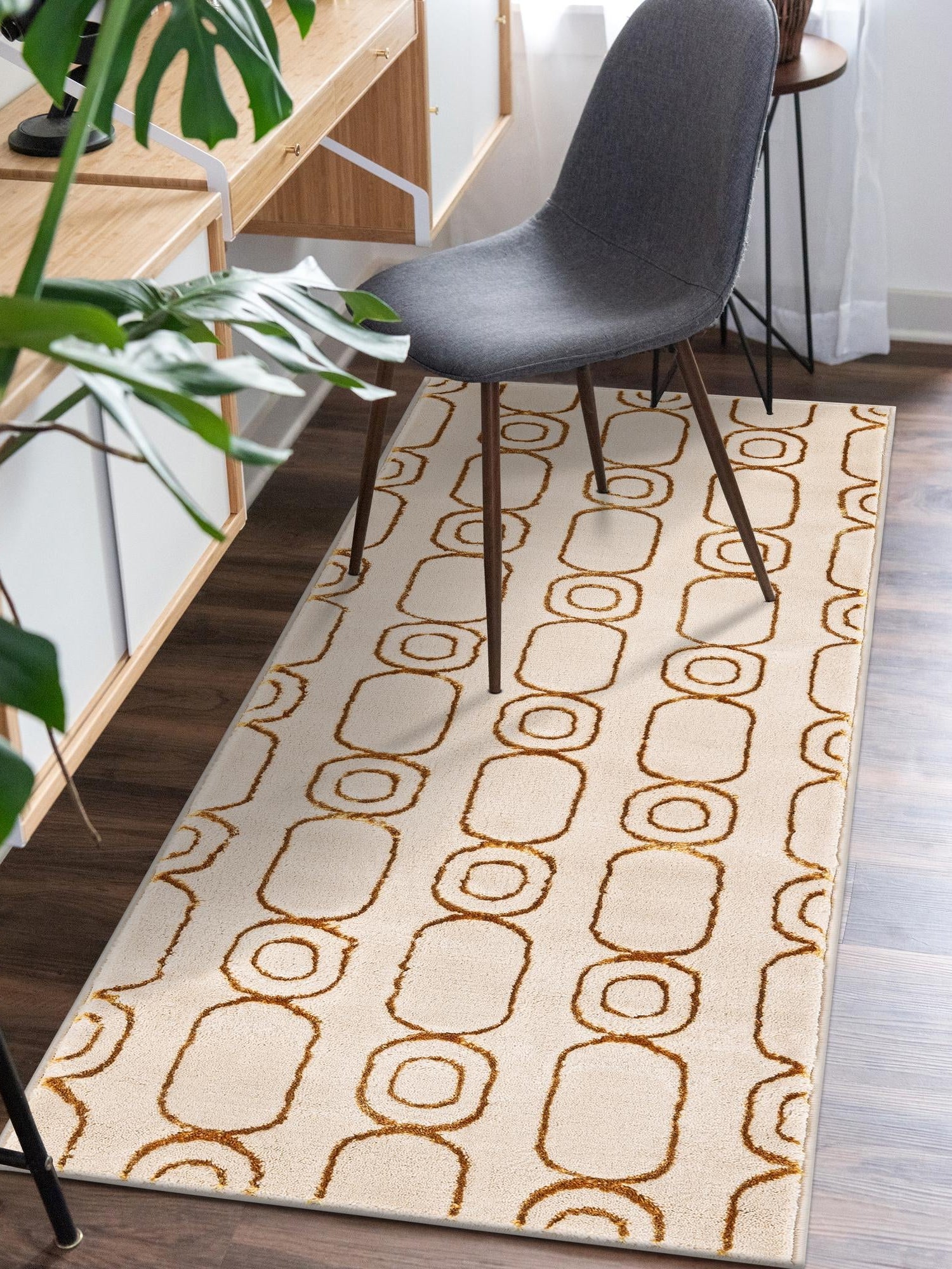 White and Gold 2' x 8' Vogue Geo Runner Area Rug Geometric Glam Style Shiny Accents Carpet Mat for Unique Interior Design & Home Decor for Sale at Rug Engine