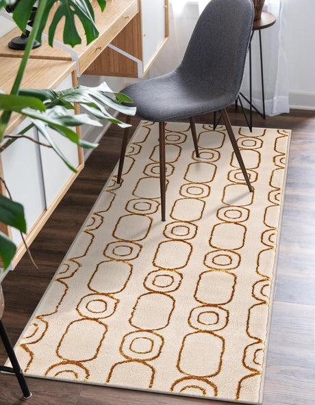 White and Gold 2' x 6' 1 Vogue Geo Runner Area Rug Geometric Glam Style Shiny Accents Carpet Mat for Unique Interior Design & Home Decor for Sale at Rug Engine