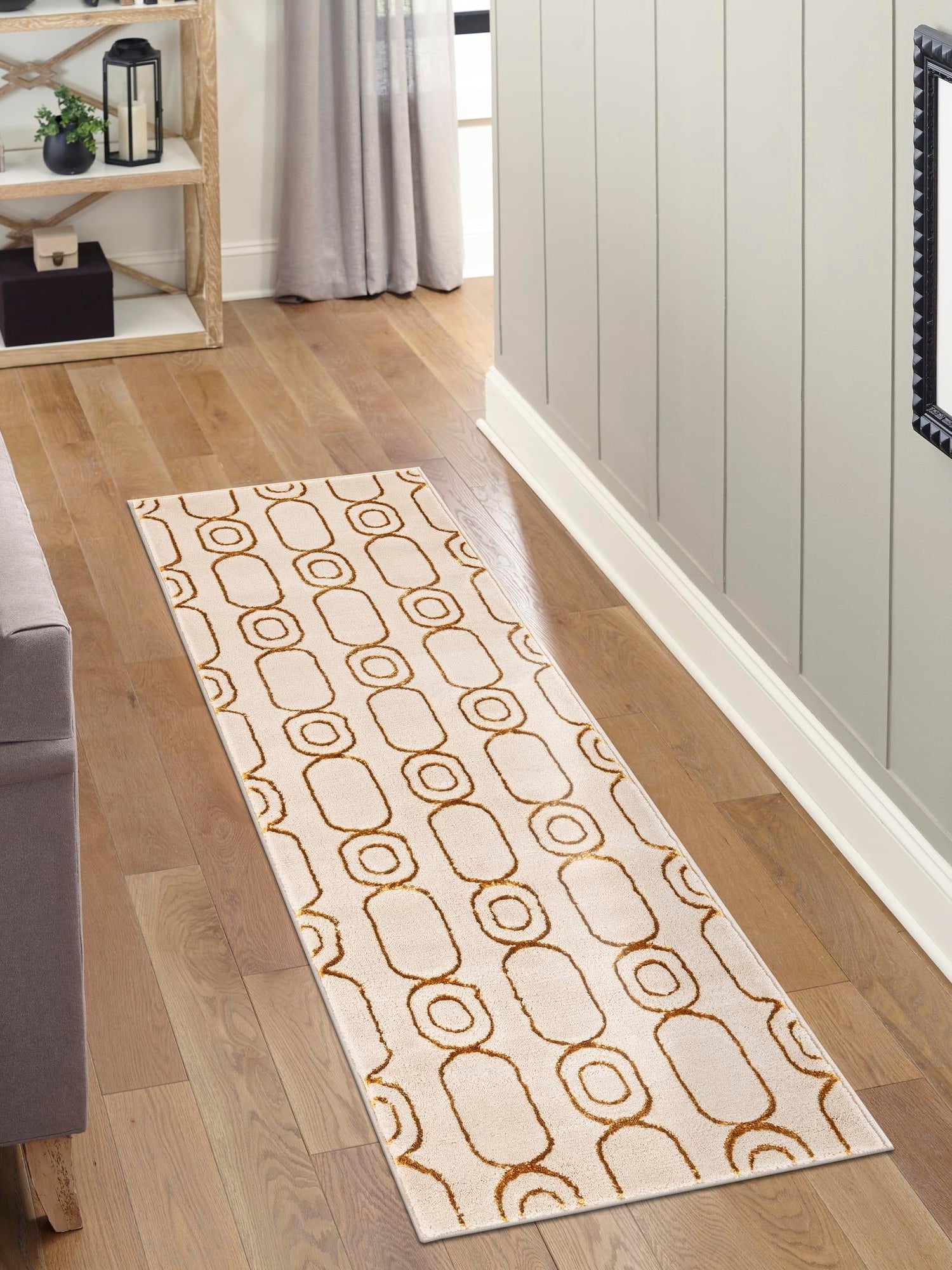 White and Gold 2' 7 x 12' Vogue Geo Runner Area Rug Geometric Glam Style Shiny Accents Carpet Mat for Unique Interior Design & Home Decor for Sale at Rug Engine