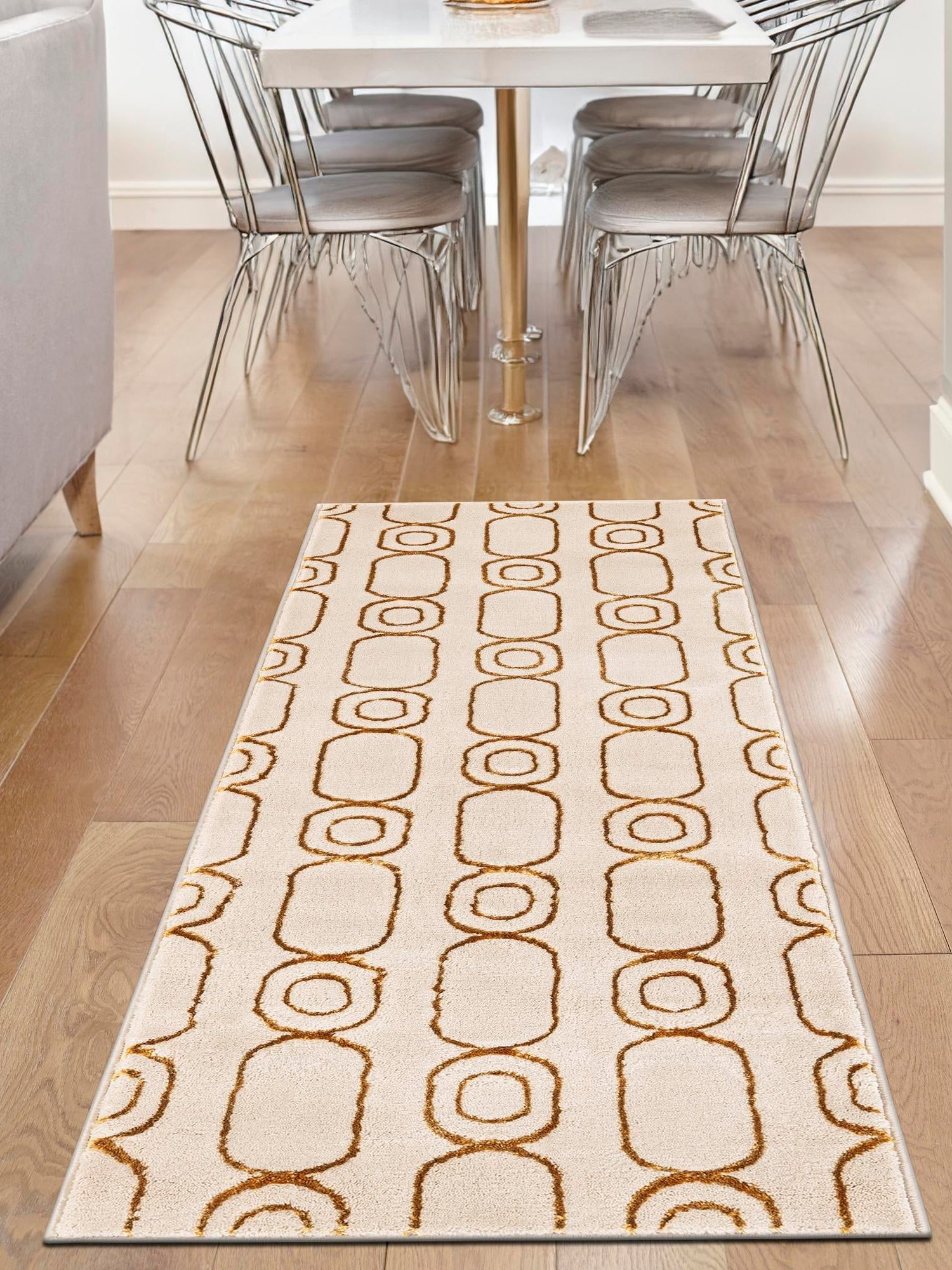 White and Gold 2' 7 x 12' Vogue Geo Runner Area Rug Geometric Glam Style Shiny Accents Carpet Mat for Unique Interior Design & Home Decor for Sale at Rug Engine
