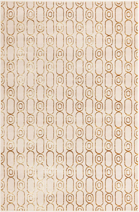 White and Gold 6' 1 x 9' Vogue Geo Rectangle Area Rug Geometric Glam Style Shiny Accents Carpet Mat for Unique Interior Design & Home Decor for Sale at Rug Engine