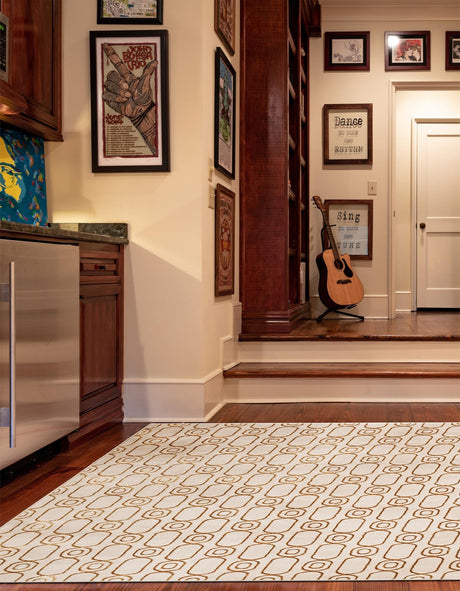 White and Gold 10' x 10' Vogue Geo Square Area Rug Geometric Glam Style Shiny Accents Carpet Mat for Unique Interior Design & Home Decor for Sale at Rug Engine