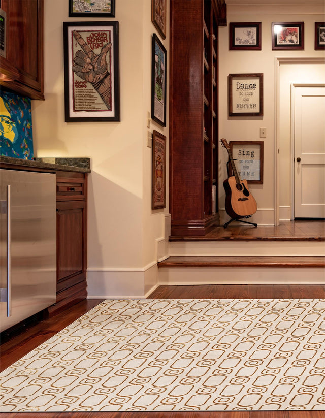 White and Gold 10' x 10' Vogue Geo Square Area Rug Geometric Glam Style Shiny Accents Carpet Mat for Unique Interior Design & Home Decor for Sale at Rug Engine