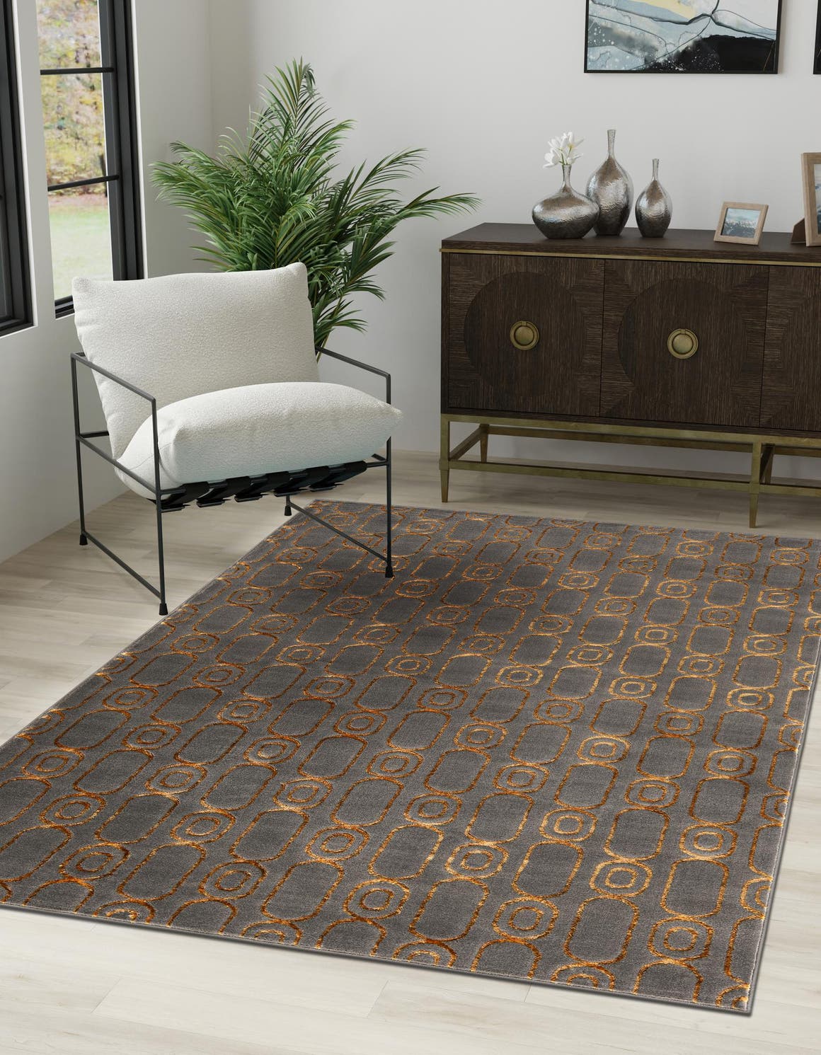 Gray and Gold 7' 10 x 10' Vogue Geo Rectangle Area Rug Geometric Glam Style Shiny Accents Carpet Mat for Unique Interior Design & Home Decor for Sale at Rug Engine