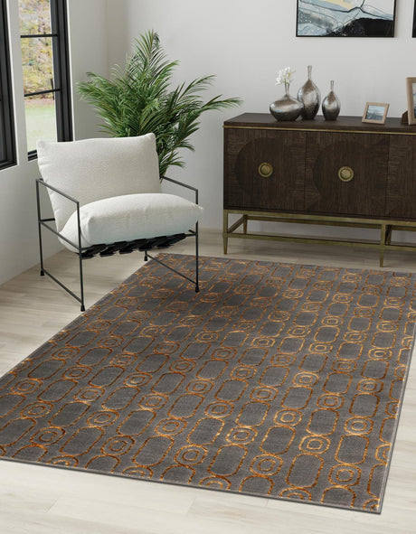 Gray and Gold 4' 1 x 6' 1 Vogue Geo Rectangle Area Rug Geometric Glam Style Shiny Accents Carpet Mat for Unique Interior Design & Home Decor for Sale at Rug Engine