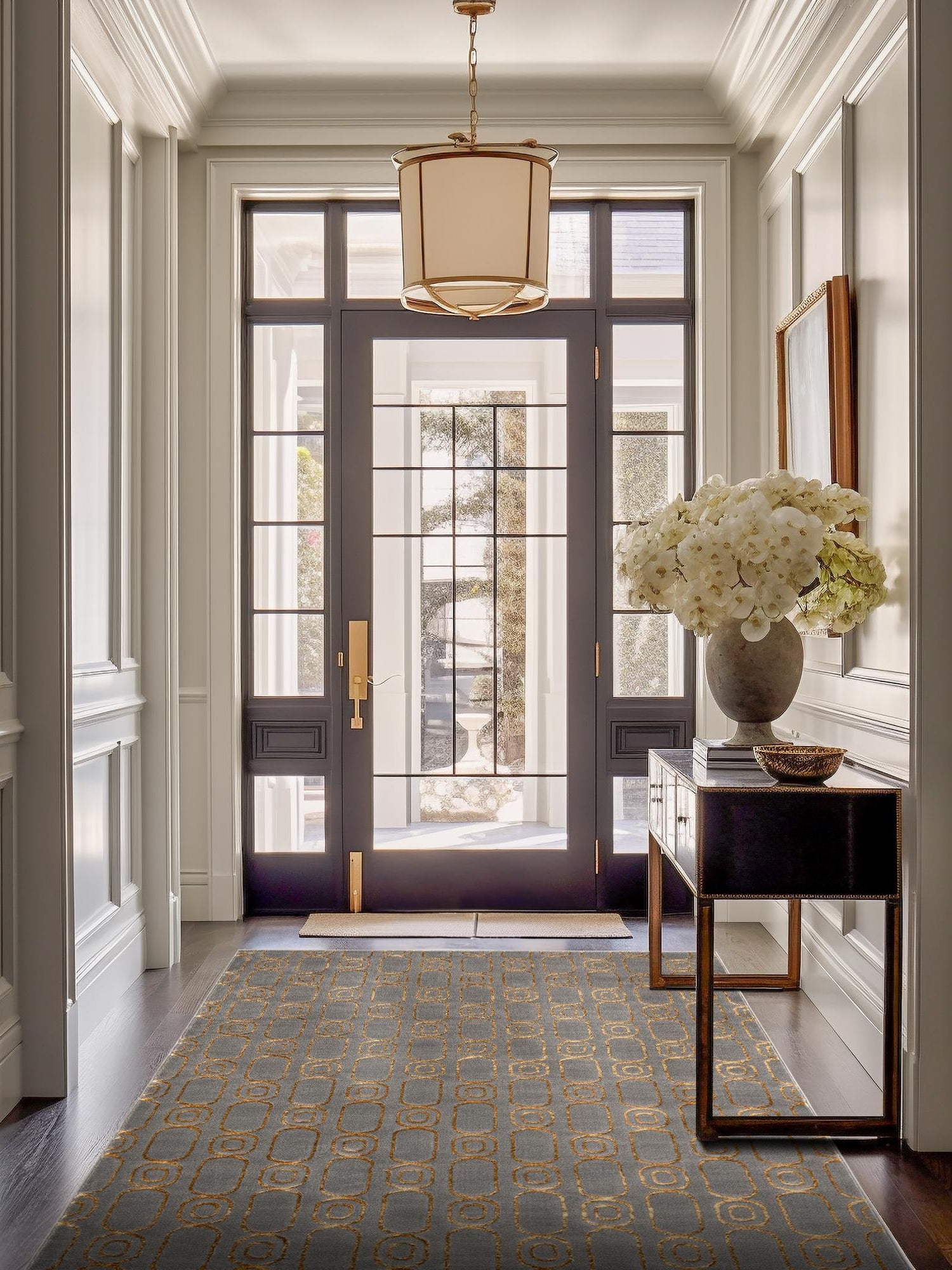Gray and Gold 4' 1 x 6' 1 Vogue Geo Rectangle Area Rug Geometric Glam Style Shiny Accents Carpet Mat for Unique Interior Design & Home Decor for Sale at Rug Engine