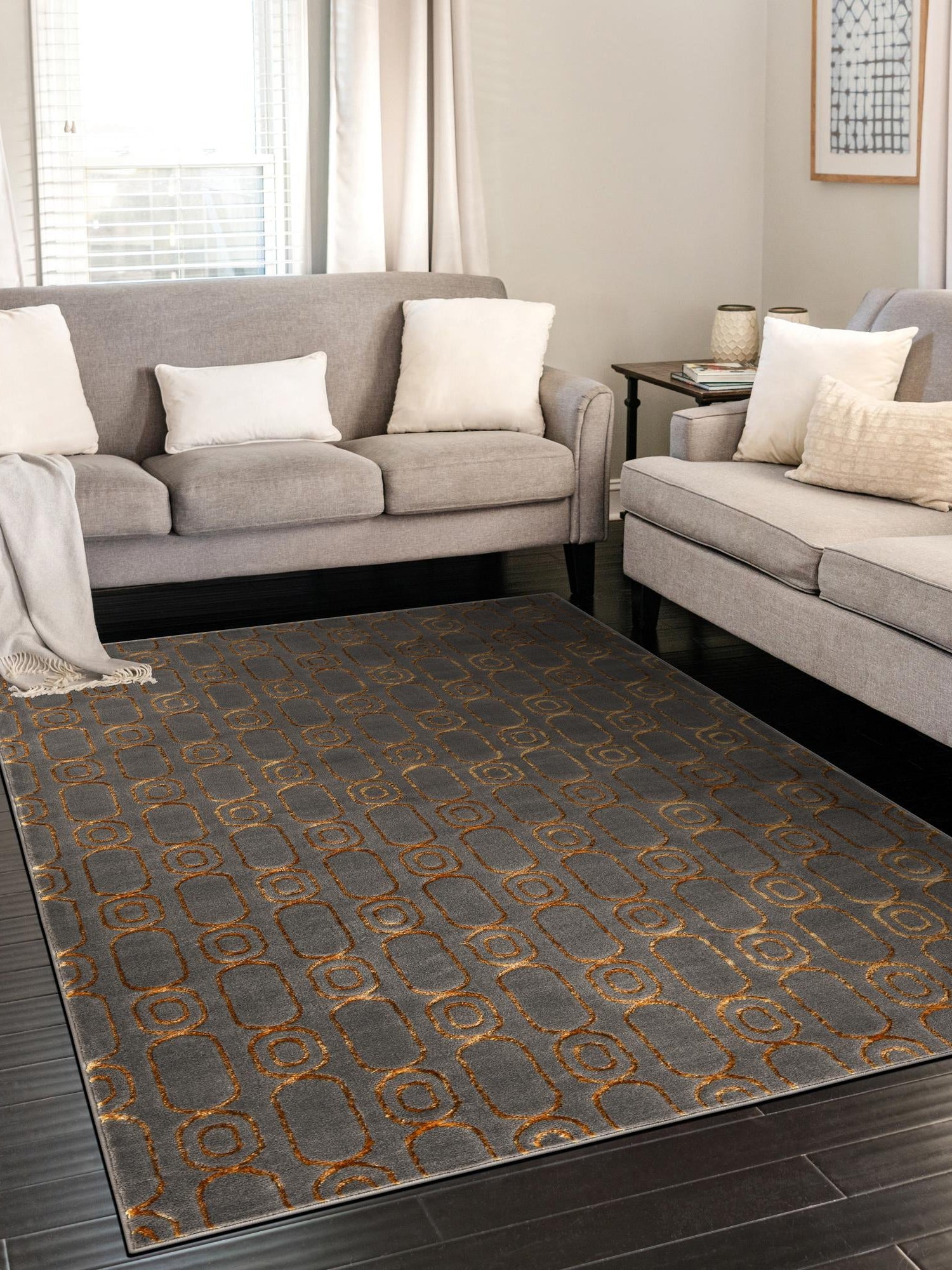 Gray and Gold 4' 1 x 6' 1 Vogue Geo Rectangle Area Rug Geometric Glam Style Shiny Accents Carpet Mat for Unique Interior Design & Home Decor for Sale at Rug Engine