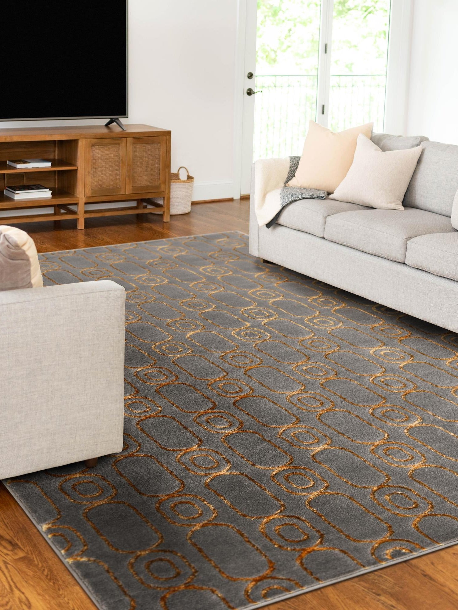Gray and Gold 4' 1 x 6' 1 Vogue Geo Rectangle Area Rug Geometric Glam Style Shiny Accents Carpet Mat for Unique Interior Design & Home Decor for Sale at Rug Engine