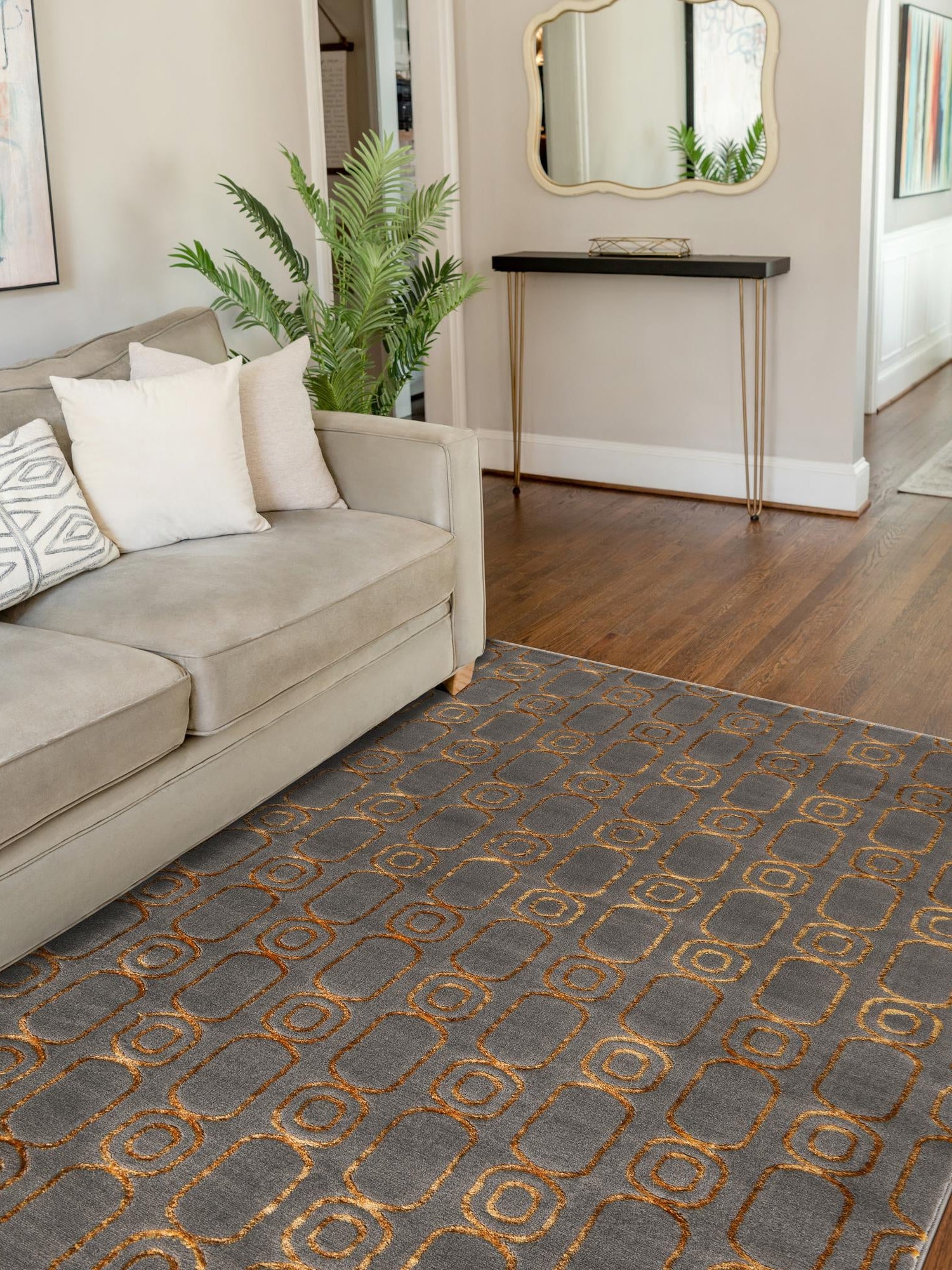 Gray and Gold 6' 1 x 9' Vogue Geo Rectangle Area Rug Geometric Glam Style Shiny Accents Carpet Mat for Unique Interior Design & Home Decor for Sale at Rug Engine