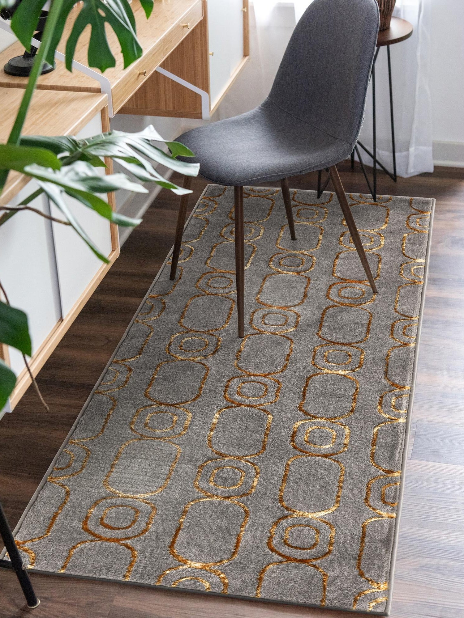 Gray and Gold 2' x 5' 1 Vogue Geo Runner Area Rug Geometric Glam Style Shiny Accents Carpet Mat for Unique Interior Design & Home Decor for Sale at Rug Engine